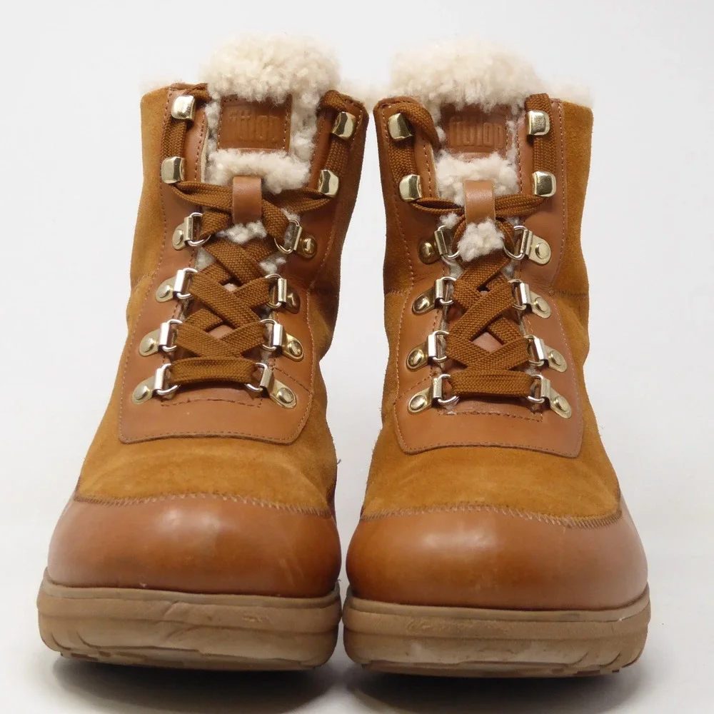 FitFlop Mukluk III Women Boots Brown Leather Suede Shearling Lined Lace Up 9